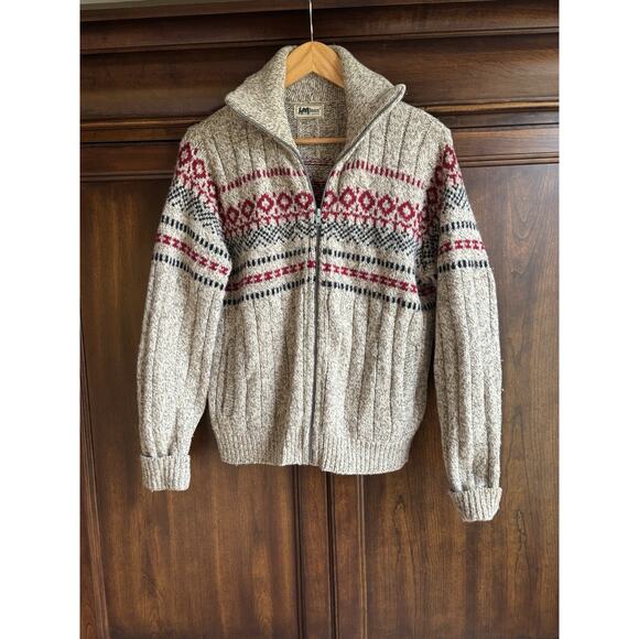 Vintage LL Bean M Full Zip Cream Tan Cardigan Wool Sweater Pockets - Picture 1 of 7